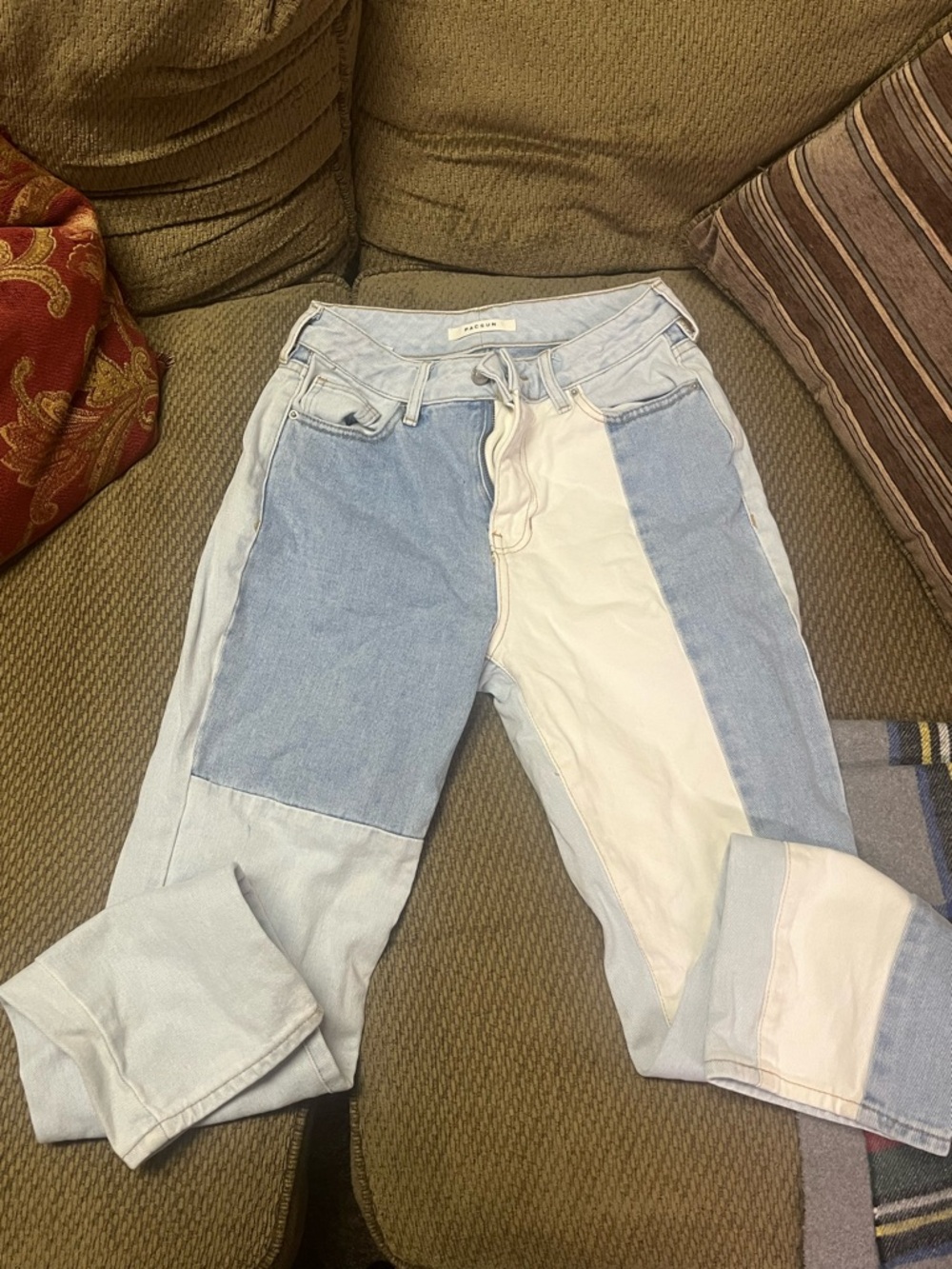 PacSun Two-Tone Light Blue and White Patchwork Straight Leg Jeans